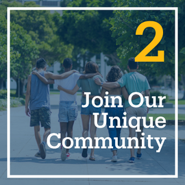 This is a photo of students walking in Cheadle Plaza, with their backs turned away from the camera. The embedded text emphasizes, "Join Our Unique Community." This is flashcard image 2 out of 10.