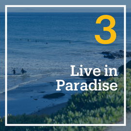 This is a photo of the Campus Point bluffs. The embedded text emphasizes, "Live in Paradise." This is flashcard image 3 out of 10.