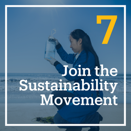 This is a photo of a student researching on the beach. The embedded text emphasizes, "Join the Sustainability Movement." This is flashcard image 7 out of 10.