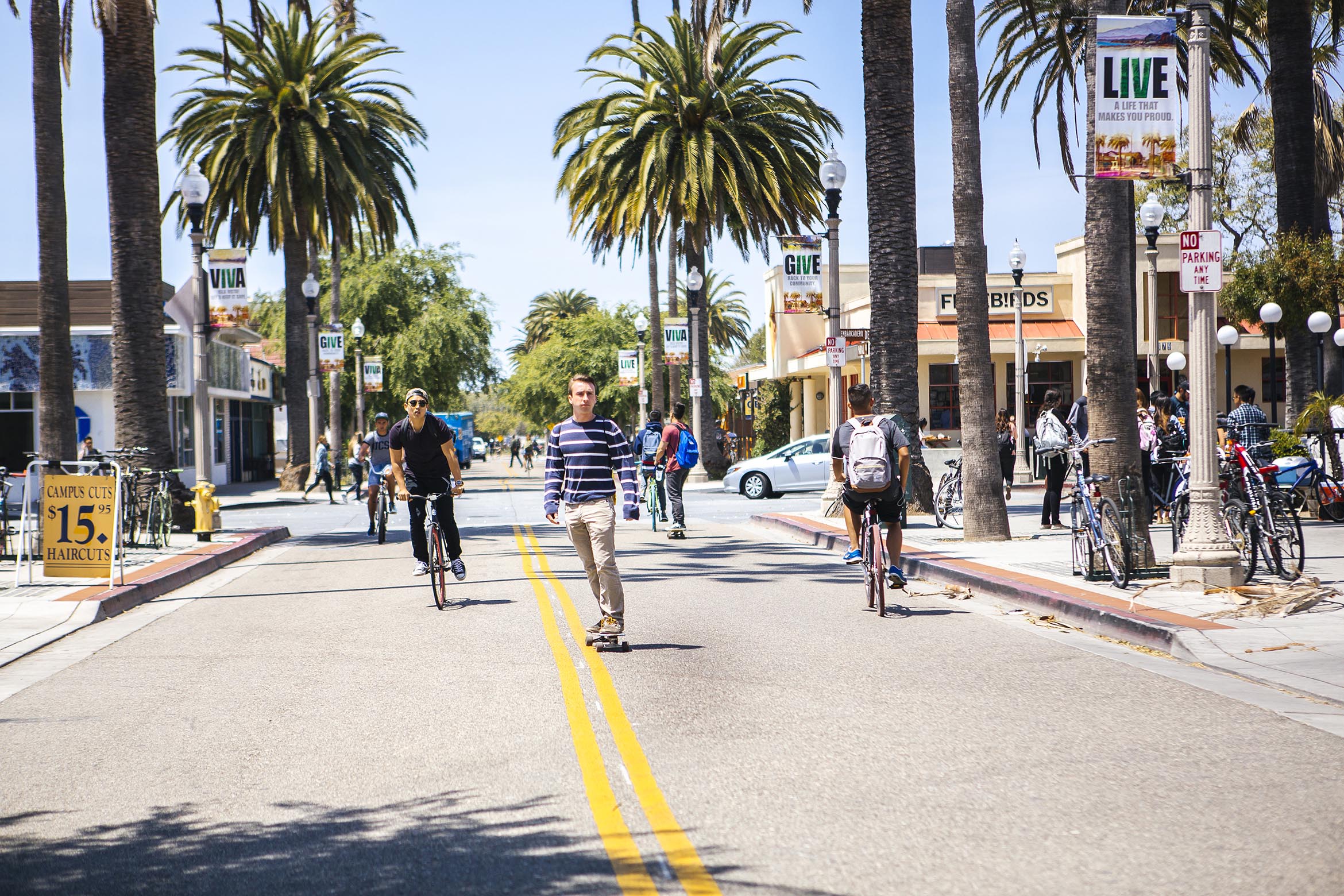 This is a student on a skateboard in Isla Vista.