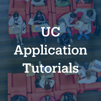 This is a photo thumbnail of an aerial shot of students studying on red lounging chairs. The image text describes, "UC Application Tutorials."